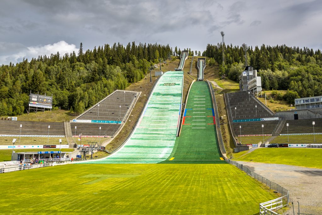LILLEHAMMER, NORWAY - AUGUST 2, 2016: Ski jump slope near Oslo, known as Lysgardsbakken, opened in 1993, specifically to the XVII Olympic Winter Games in 1994. Now the centre of winter sports in Norway.
