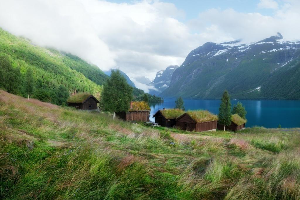 Traditional scandinavian old wooden houses with grass roofs near lovatnet lake, Sogn og Fjordane county, Norway