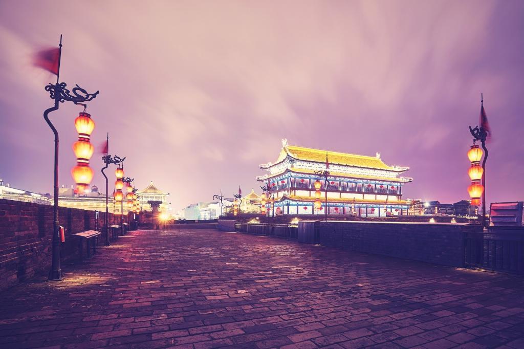 Xian city wall at night, China.