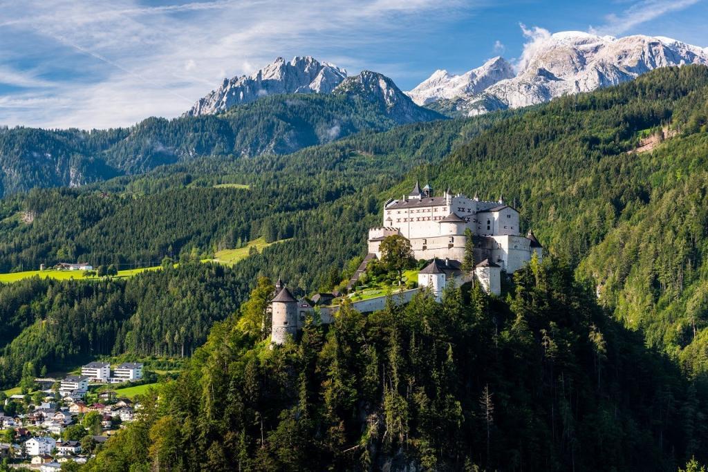 Hohenwerfen Castle in Austria near Salzburg. Castle on Hilltop in Alps.