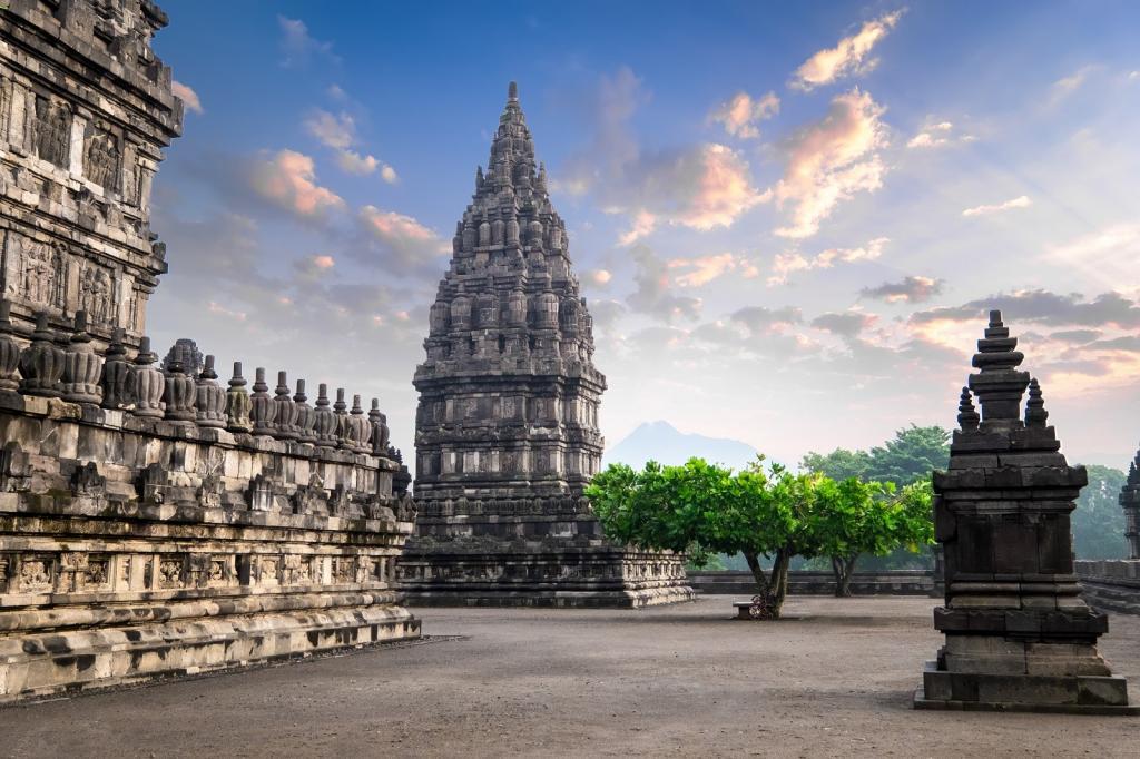 Amazing Prambanan Temple against sunrise sky. Indonesia