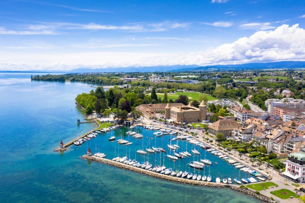 Aerial view of Morges castle in the border of the Leman Lake in Switzerland