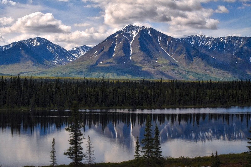 Landskap Alaska yang indah dalam perjalanan dengan kereta api dari Denali ke Anchorage