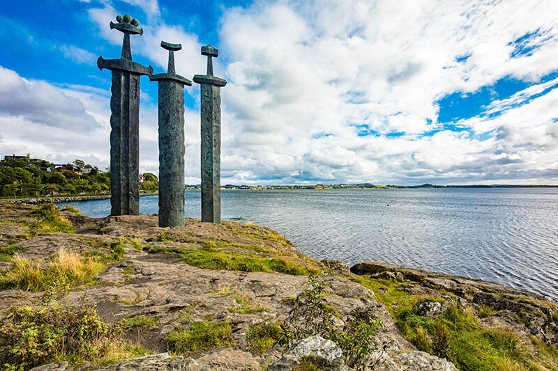 Mollebukta bay with Swords in Rock monument commemorating Battle