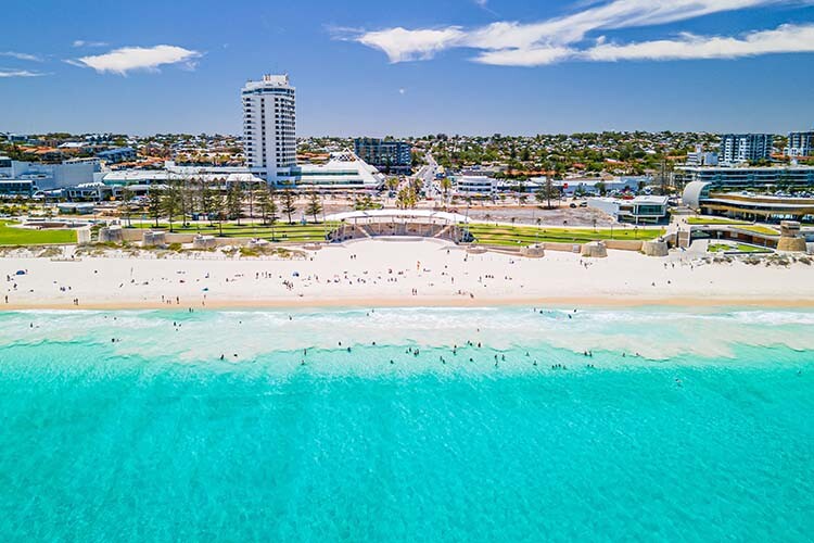 An aerial view of Scarborough Beach, Perth, Western Australia with the white sands and turquoise waters