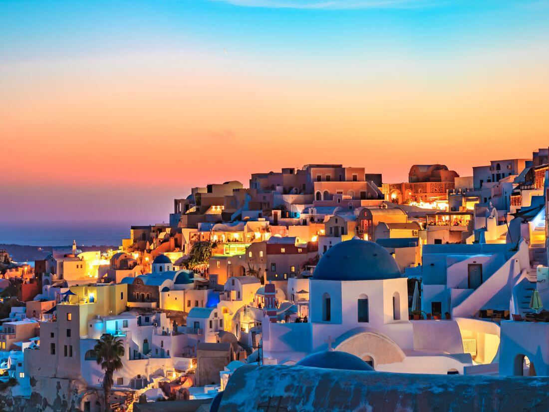 Sunset Panoramic Oia village Santorini Greece